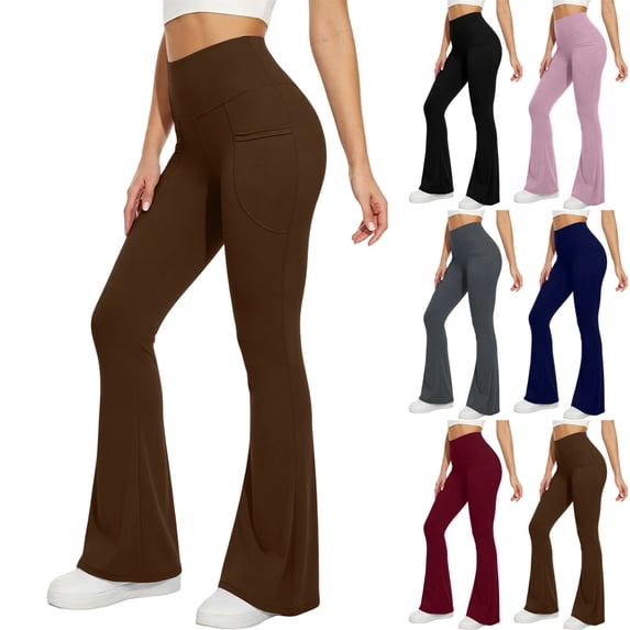 UDAUDU Flare Leggings for Women High Waisted Comfortable Soft Yoga Pants with Pockets Bootcut Flared Leggings Brown L