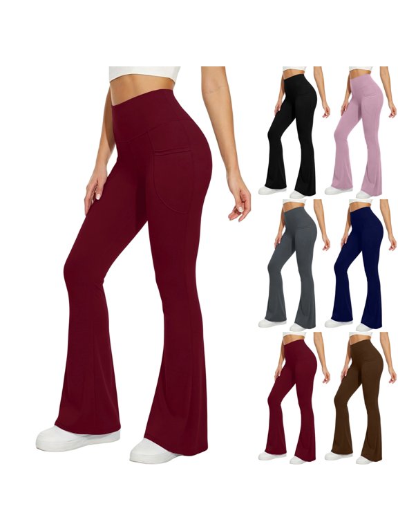 Flare Leggings for Women Workout Yoga Pants with Pockets High Waisted Tummy Control Comfort Bootcut Dance Pants Wine L