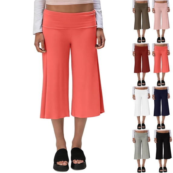 UDAUDU Fold Over Pants for Women Casual Wide Leg Cropped Pants Low Rise Fold Over Stretch Gaucho Pants for Summer Beach Holiday Going Out Streetwear Watermelon Red S