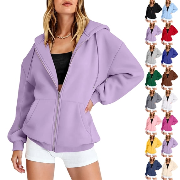 UDAUDU Full Zip Up Sweatshirt Women Hoodies Fall Winter Trendy Casual Loose Long Sleeve Workout Jacket with Pockets Purple M