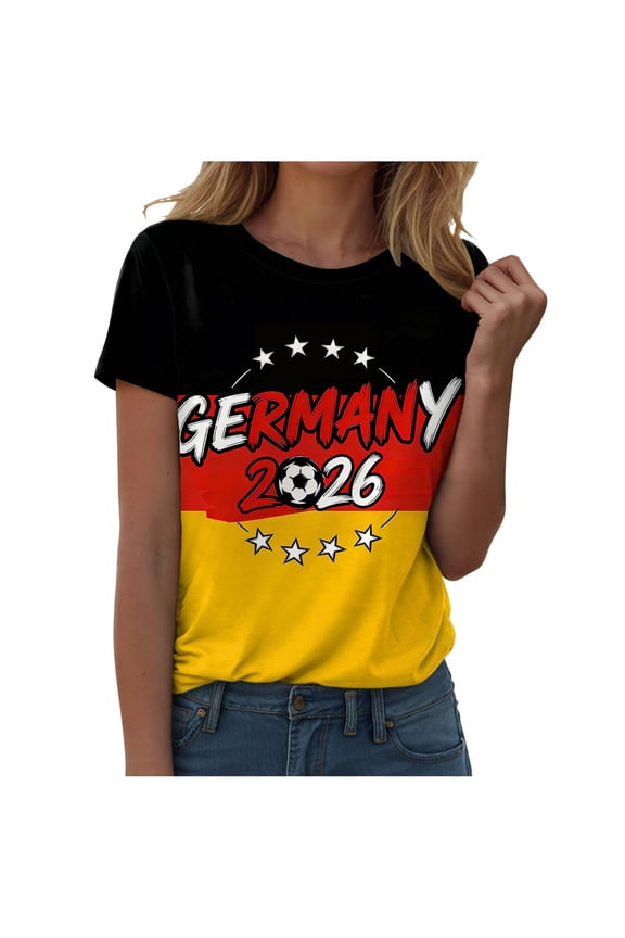 Germany Soccer Jersey for Women Germany Flag Graphic Short Sleeve Tee Crew Neck T Shirts Loose Fit Trendy Jerseys for Women 2026 Summer Shirts Saffron 2XL