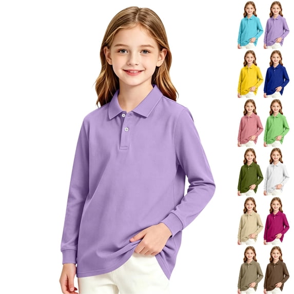 UDAUDU Girls Polo Uniform Shirts School Long Top Casual Button Down Tennis T-Shirts 2026 Spring New with Collar Golf Polo Shirt Athletic Clothing Light Purple 10-11 Years