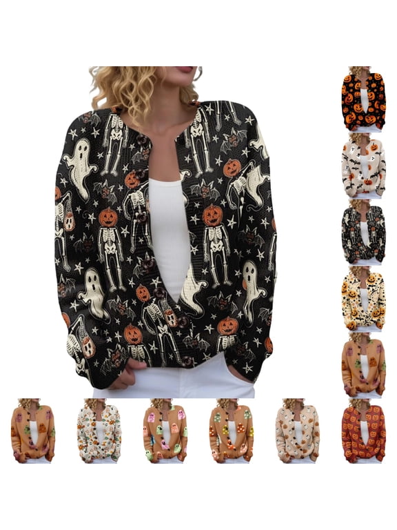 Halloween Cardigan Sweaters for Women Long Sleeve Cute Button Down Funny Holiday Pumpkin Ghost Sweater Vintage 2026 Fall Sweaters L