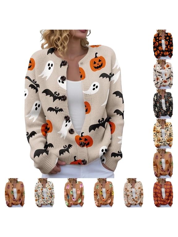 Halloween Cardigan Sweaters for Women Long Sleeve Cute Button Down Funny Holiday Pumpkin Ghost Sweater Vintage 2026 Fall Sweaters L