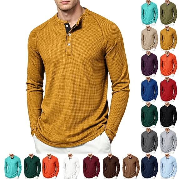 UDAUDU Henley Shirts for Men Long Sleeve Waffle Knit Basic Lightweight Thermal Shirts Slim Fit 2026 Fall Fashion Button Down Comfort Pullovers Yellow XS