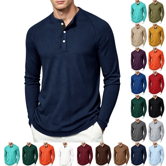 UDAUDU Henley Shirts for Men Long Sleeve Waffle Knit Lightweight Basic Thermal Shirt Slim Fit 2026 Fall Fashion Button Down Comfort Pullover Navy 2XL