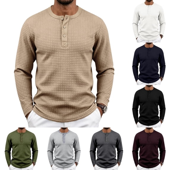 UDAUDU Henley Shirts for Men Waffle Knit Long Sleeve Sweater Lightweight Button Pullover Fashion Casual Fall Winter Shirts Khaki S