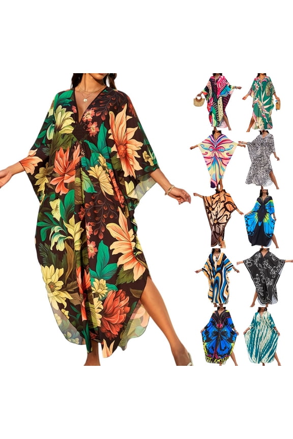 Kaftan Dresses for Women 2026 Caftan Dresses Tropical Hawaiian Beach Pool-Party Cover Ups Butterfly Loungewear Dark Green
