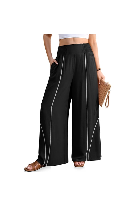 Linen Pants for Women Wide Leg 2026 Spring Summer Casual High Waisted Lightweight Flowy Palazzo Pants with Pocket Black M