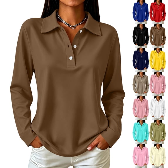 UDAUDU Long Sleeve Polo Shirts for Women Dressy Button Collar Golf Tops Loose Fit Business Office Workout Holiday Solid Color Dressy Blouse Clothes XL