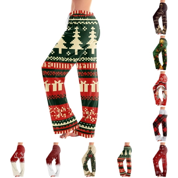 UDAUDU Matching Christmas Pajamas for Women Comfort Cute Graphic Wide Leg Lounge Pants Drawstring Stretch Holiday Pajama Pants L