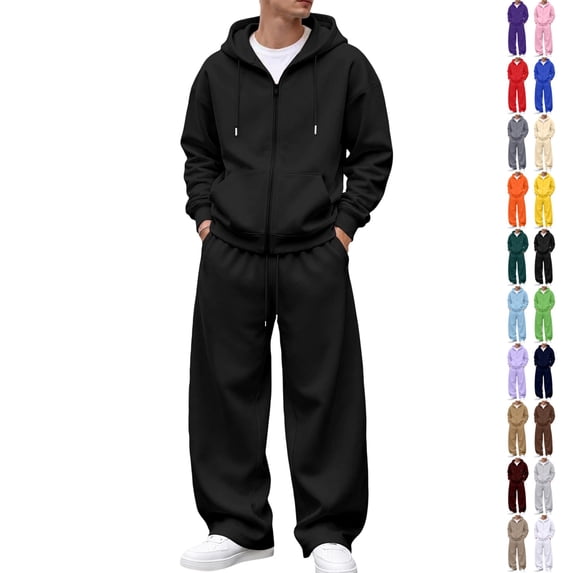 UDAUDU Men's 2 Piece Tracksuit Oversized Zip Up Hoodie and Wide Leg Sweatpants Set Comfortable Soft Fleece Loose Fit Casual Streetwear Outfit L