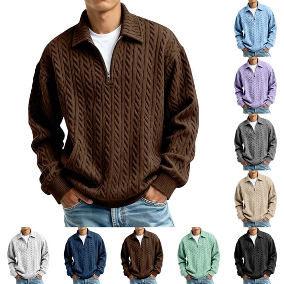 UDAUDU Men's Cable Knit Sweatshirts Quarter Zip Sweater Casual Long Sleeve Stand Collar Button Knitted Sweaters Brown 5XL
