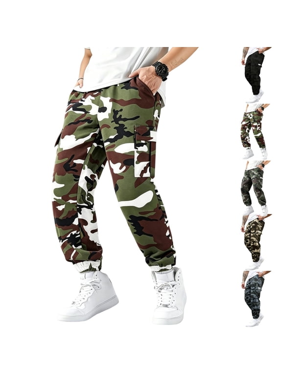 Men's Camo Cargo Pants Casual Jogger Baggy Pants Multi-Pockets Outdoor Workout Camouflage Joggers White L