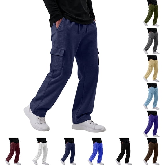 UDAUDU Men's Cargo Sweatpants Lightweight Baggy Wide Leg Elastic Waist Drawstring Adjustable Ankles Pants with Multiple Pockets Navy 3XL
