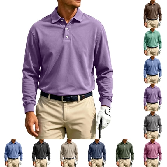UDAUDU Men's Casual Polo Shirts Long Sleeve Basic Thermal Pullover Tops | Soft,Stretchy,Comfy,Classic Collar,Button Up,Solid,Relaxed Fit,Golf Polo Shirts Purple S