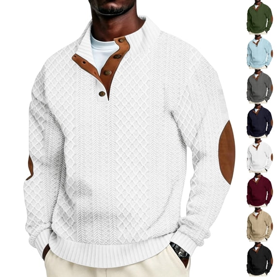 UDAUDU Men's Casual Sweater Long Sleeve Pullover Knit Jacquard Texture Collar Quarter Button with Elbow Patches Fall Winter Clothes 2XL
