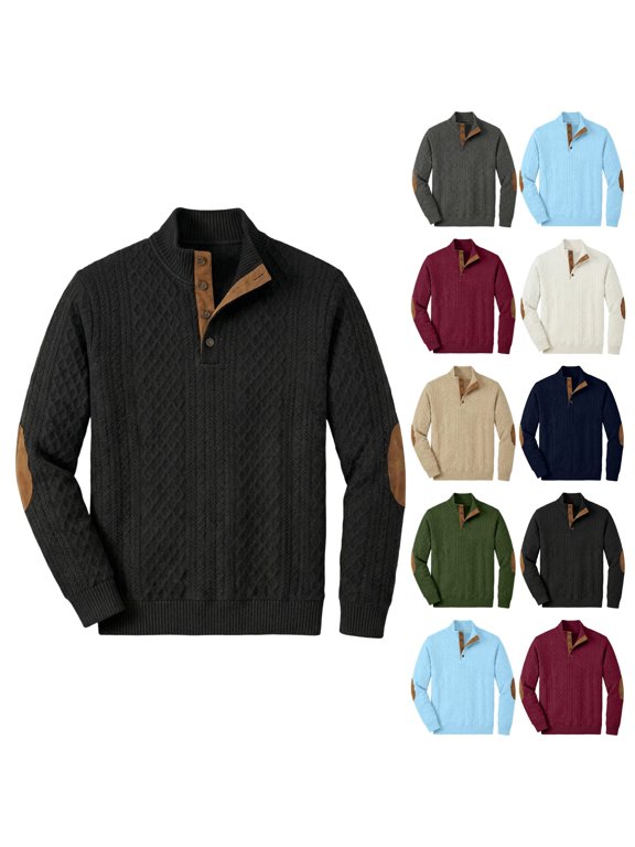 Men's Casual Sweatshirt Comfortable Pullover Sweater with Elbow Patches Casual Long Sleeve Stand Collar Button Sweaters Black 3XL
