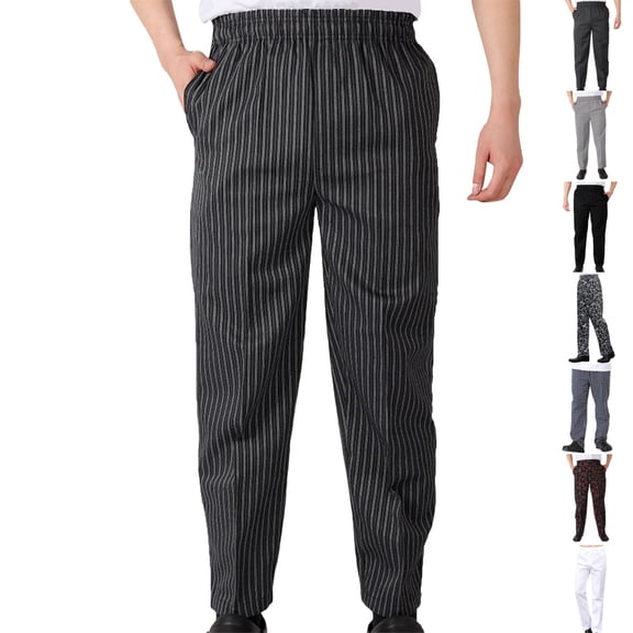 UDAUDU Men's Chef Pants Elastic Waist Baggy Cook Bottom Restaurant Kitchen Service Work Uniform Trouse with Pocket L