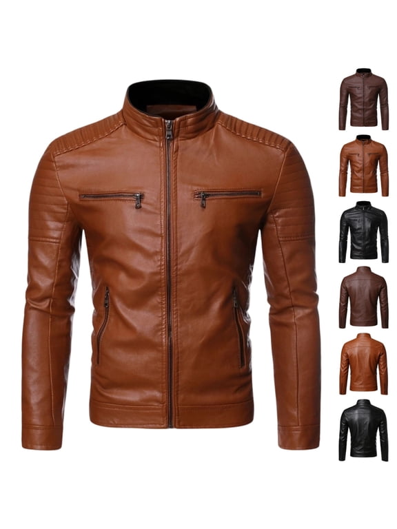 Men's Faux Leather Jacket Stand Collar PU 2026 Fall Fashion Zip-Up Motorcycle Bomber Jacket, Slim Fit Biker Coat Earthy Yellow 3XL