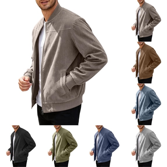 UDAUDU Men's Faux Suede Bomber Jacket Full Zip Stand Collar Lightweight Casual Baseball Jacket for Men M