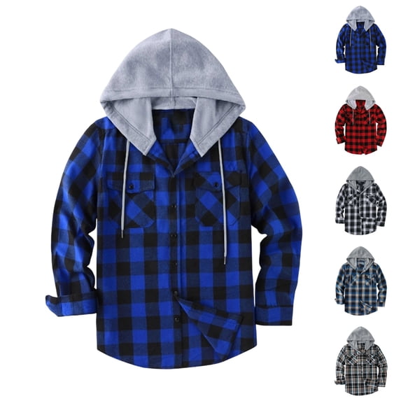UDAUDU Men's Flannel Hoodie Shirts Button Down Plaid Jacket Shirts Casual Long Sleeve Business Travel Fall Trendy Jacket with Pocket 3XL