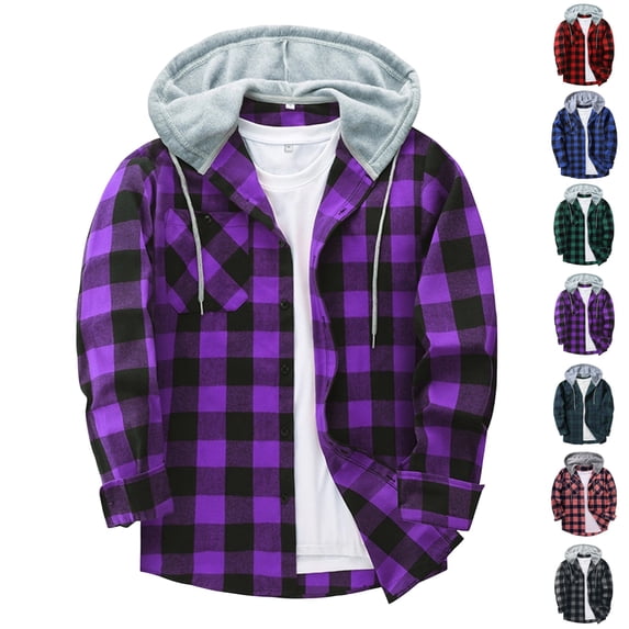 UDAUDU Men's Flannel Hoodie Shirts Button Down Plaid Jacket Shirts Casual Long Sleeve Office Fall Trendy Hoodie Shirts with Pocket M