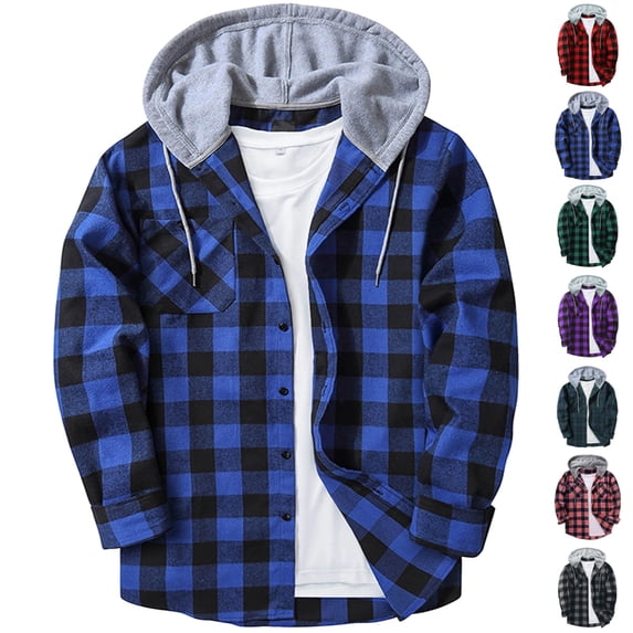 UDAUDU Men's Flannel Hoodie Shirts Button Down Plaid Jacket Shirts Casual Long Sleeve Business Office Lightweight Outdoor Hoodie Shirts with Pocket XL