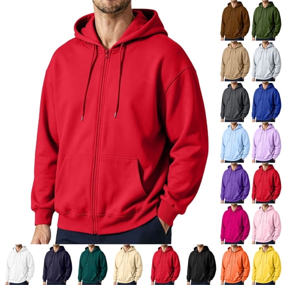 UDAUDU Men's Fleece Hoodie Jacket Long Sleeve Full Zip Hooded Sweatshirt Casual Basic Essential Drawstring Loose Fit Pullover Hoodie With Pocket Red M