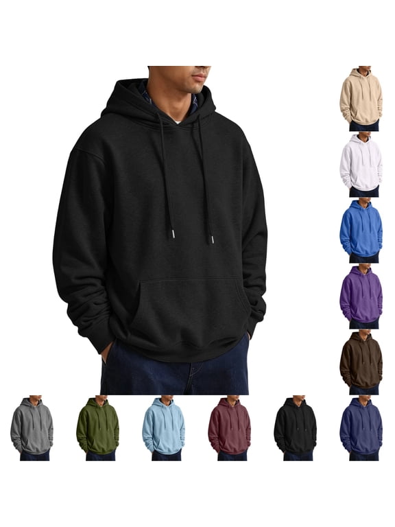 Men's Fleece Hoodie Long Sleeve Hooded Sweatshirt Casual Basic Fall Winter Drawstring Pullover Hoodie With Pocket Black 2XL
