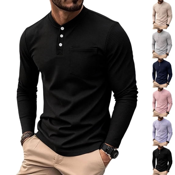 UDAUDU Men's Henley Shirts Long Sleeve Casual Waffle T-Shirts Fall Winter Trendy Button Pullover Sweaters Tee Shirt Black 2XL
