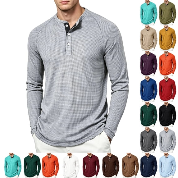 UDAUDU Men's Henley Shirts Long Sleeve Waffle Lightweight Basic Thermal Shirt Slim Fit 2026 Fall Fashion Button Down Comfort Pullovers Light Gray S