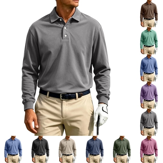 UDAUDU Men's Long Sleeve Polo Shirt Button Collared Casual Pullover Top | Ultra-soft Stretch Feel, Comfortable Soft, Slim Fit ,Relaxed Fit,Solid,Thermal Golf Polo Shirts Gray 3XL