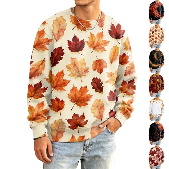 UDAUDU Men's Long Sleeve Shirts Crew Neck Fall Casual Maple Leaf Graphic Pullover Tops Slim Fit Athletic Gym Work Tops Khaki L