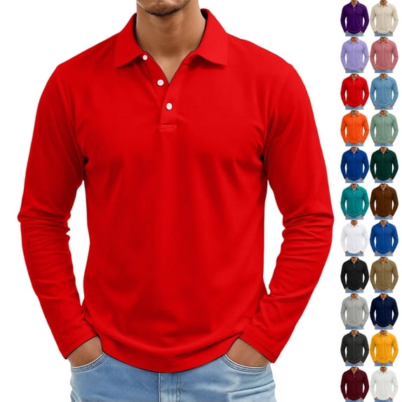 UDAUDU Men's Polo Shirts Long Sleeve Golf Quick Dry Fall Winter Lightweight Work Fishing Athletic Casual Golf Shirt with 3-Buttons Red 3XL