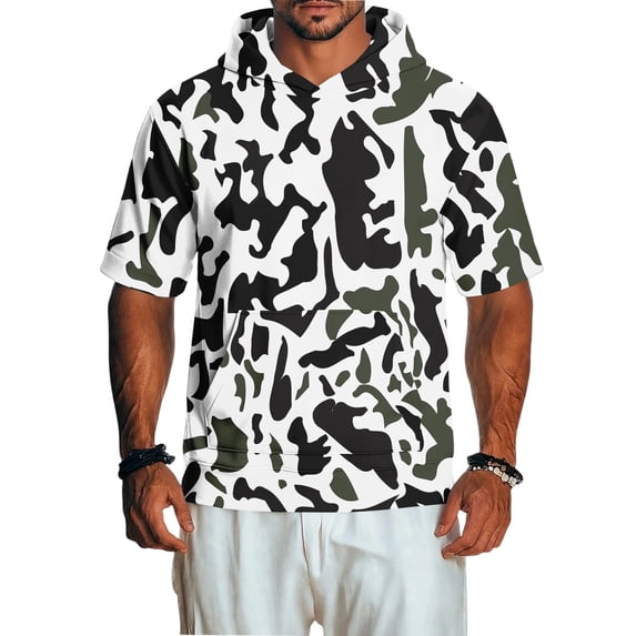 UDAUDU Men's Short Sleeve Hoodie Camo Breathable Lightweight Short Sleeve Hooded Athletic Fall Trendy Tops Black L