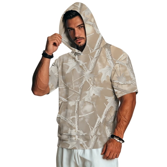 UDAUDU Men's Short Sleeve Hoodie Camo Breathable Lightweight Short Sleeve Hooded Athletic Fall Trendy Sweatshirt Khaki S