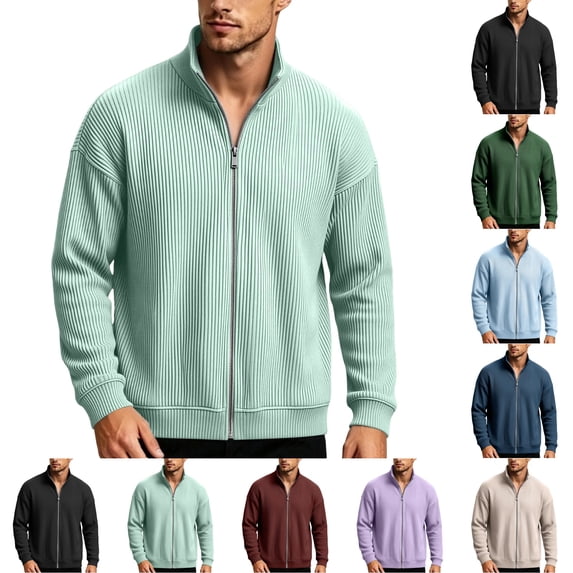 UDAUDU Men's Stand Collar Corduroy Jacket Full Zip Loose Long Sleeve Versatile Fall Winter Sweatshirt Casual Outerwear Tops Mint Green 3XL