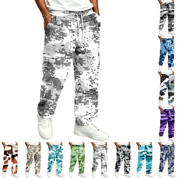 UDAUDU Men's Streetwear Cargo Pants Athletic Hiking Drawstring Elastic Waist Wide Leg Trousers Outdoor Hiking Relaxed Fit Pants with Pockets White 4XL