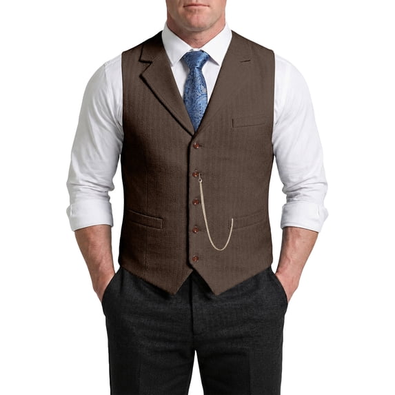 UDAUDU Men's Vest Vintage Slim Fit Suit Herringbone Pattern Breasted Waistcoat for Formal Business Casual Wear Khaki L