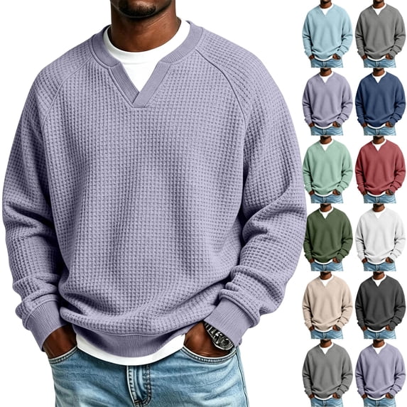 UDAUDU Men's Waffle Knit V Neck Sweatshirt Raglan Fit Long Sleeve Loose Fit Casual Pullover Lightweight Textured Tops for Fall Winter Daily Wear Light Purple 4XL