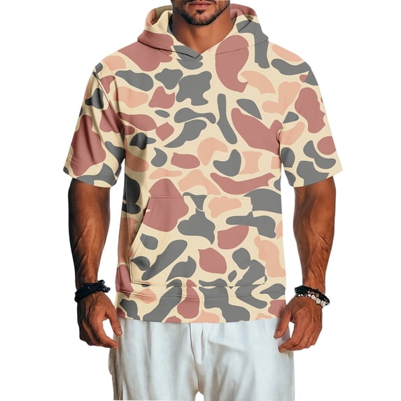 UDAUDU Mens Camo Shirts with Hood Breathable Lightweight Short Sleeve Hooded Athletic 2026 Fall Trendy Tops Vermilion L