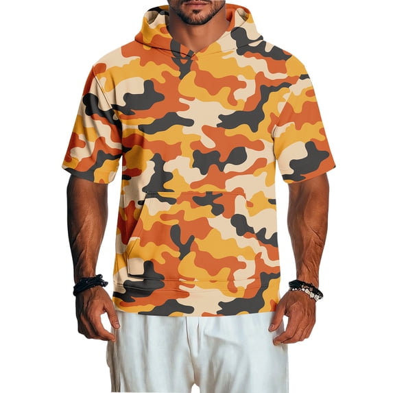 UDAUDU Mens Camo Shirts with Hood Breathable Lightweight Short Sleeve Hooded Athletic Workout 2026 Fall Trendy Tops Orange S