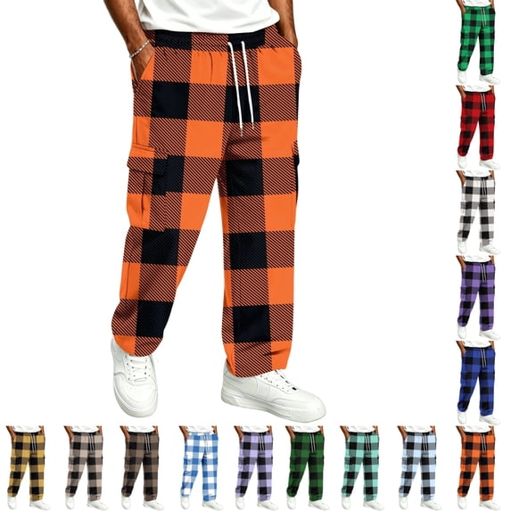 UDAUDU Mens Cargo Pants Trendy Drawstring Elastic Waist Trouser Outdoor Hiking Loose Fit Sweatpants with Pockets Orange 3XL
