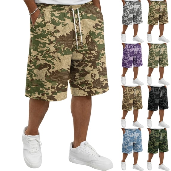 UDAUDU Mens Cargo Shorts Camo Drawstring Elastic Waist Casual Loose Fit Pocket Cargo Shorts for Men Summer Streetwear Brown L