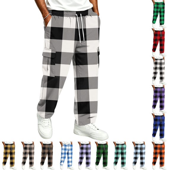 UDAUDU Mens Cargo Sweatpants Plaid Hiking Loose Fit Drawstring Elastic Waist Trousers Outdoor Hiking Relaxed Fit Sweatpants with Pockets White 2XL