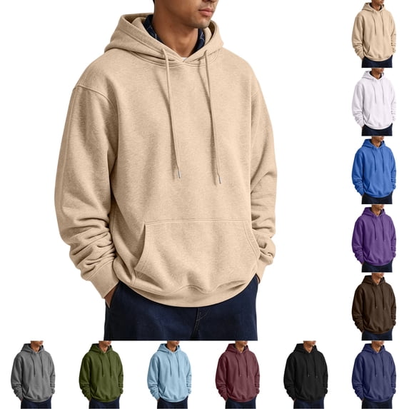 UDAUDU Mens Casual Hooded Collar Drawstring Hoodies Pullover Sweatshirts Fall Winter Long Sleeve Pullover Shirts Khaki S
