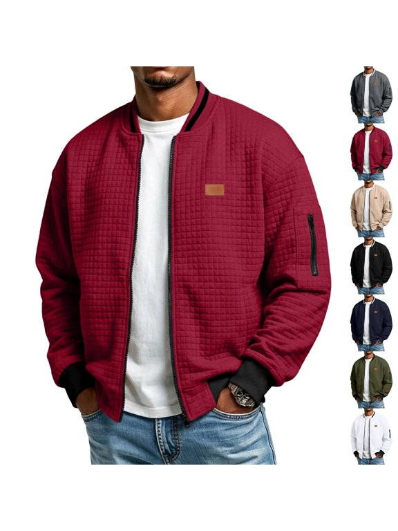 Mens Casual Jacket Lightweight Varsity Coat Waffle Full Zip Long Sleeve Loose Fit Fall Spring Jackets L