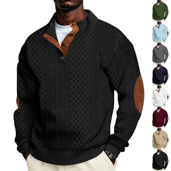 UDAUDU Mens Casual Knitted Pullover Sweater Long Sleeve Stand Collar Vintage Button Sweaters Classic Fit with Elbow Patches Soft Fashion Dressy Fall Winter Clothes S
