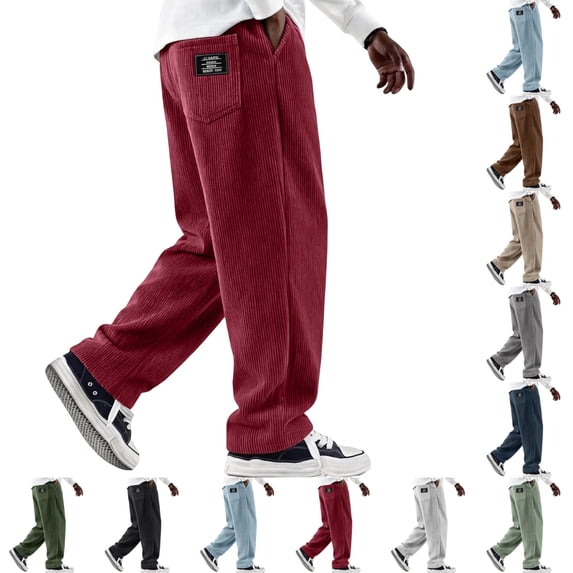 UDAUDU Mens Corduroy Casual Pants Comfortable Drawstring Elastic Waist Baggy Joggers Pants Loose Fit Sweatpants with Pockets Wine XL